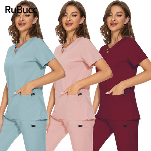 Women Nurse Uniforms Doctor Medical Beautician Lab Work Clothes Set Top &  Pants